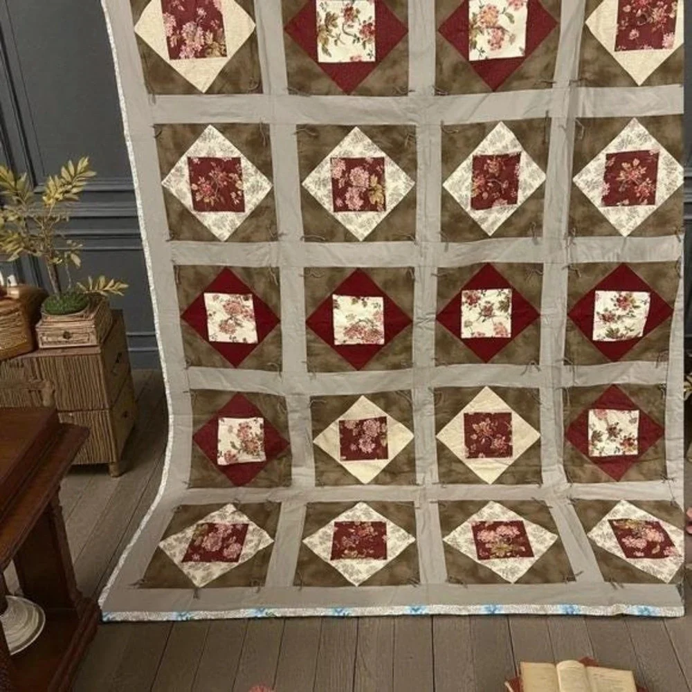 Vintage Patchwork Quilt 66x82 Burgundy Floral Cottage Farmhouse Throw